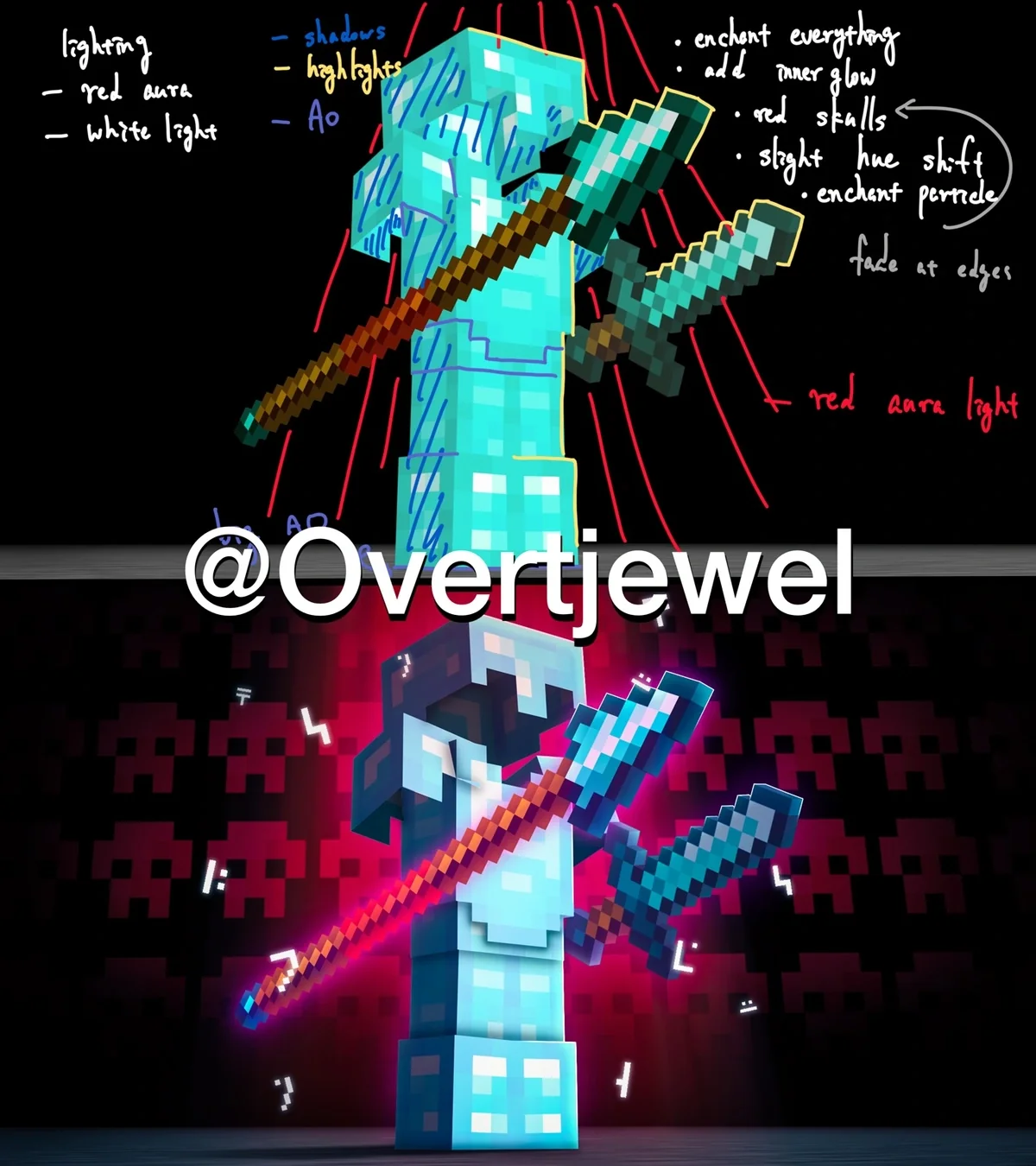 Before-and-after comparison of a diamond-armored Minecraft character edit