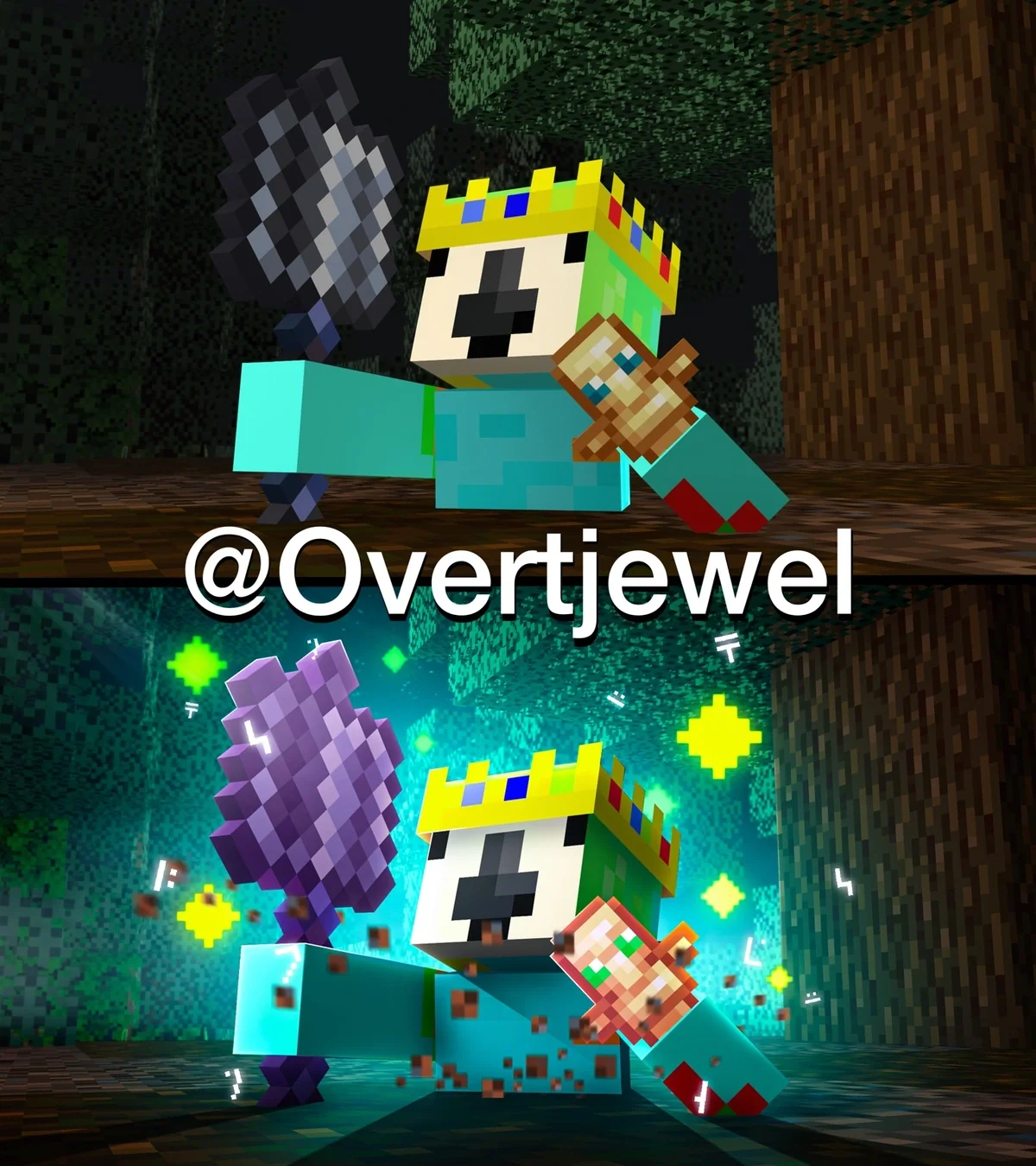 Before-and-after comparison of a crowned Minecraft character action edit