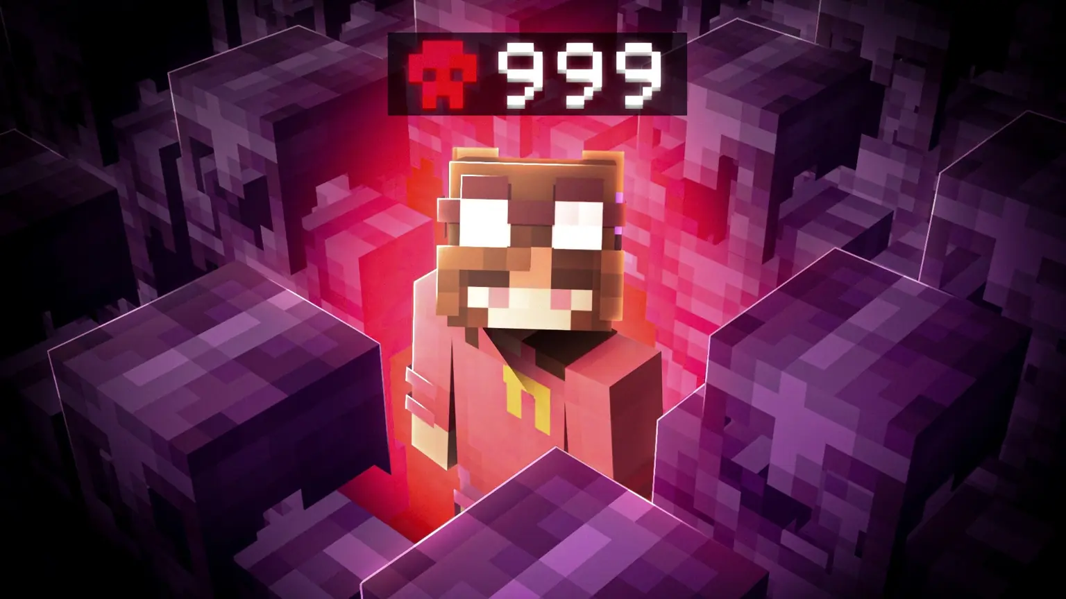 Minecraft character surrounded by skulls beneath a 999 counter