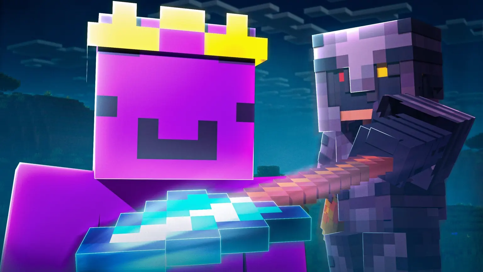 Crowned purple Minecraft character facing an armored opponent with a glowing weapon