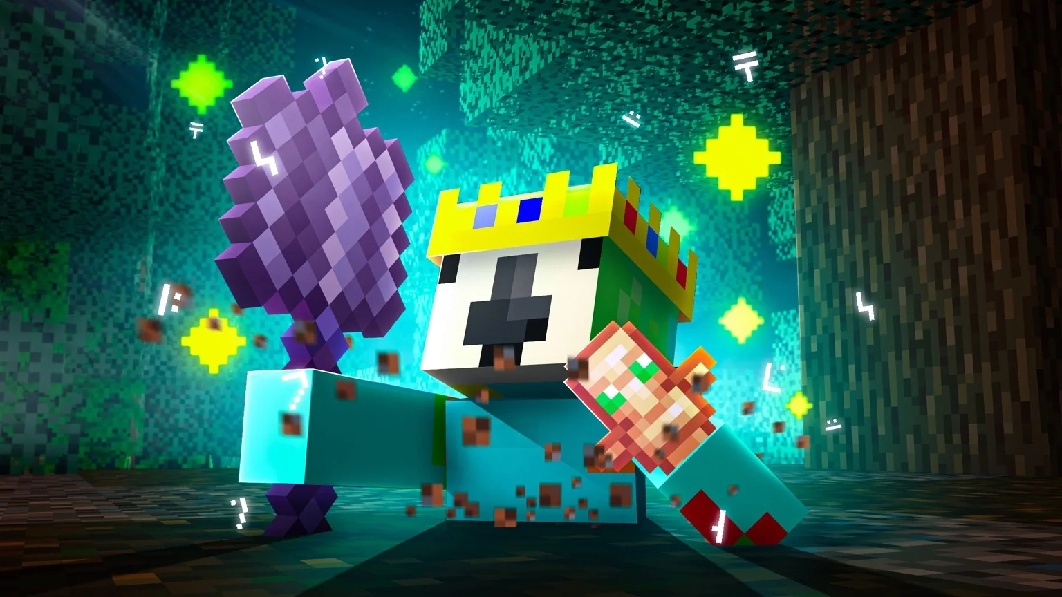 Crowned Minecraft character running through a forest with a purple mace