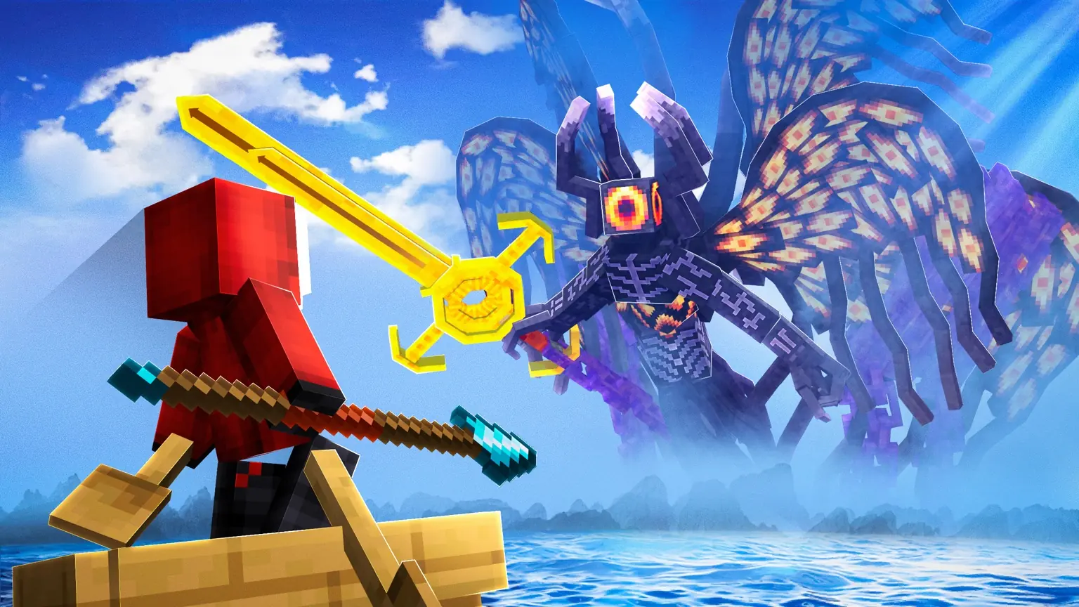 Minecraft character confronting a giant winged creature above the ocean
