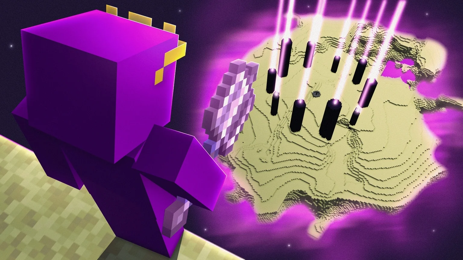 Purple-armored Minecraft character facing an End island and obsidian pillars