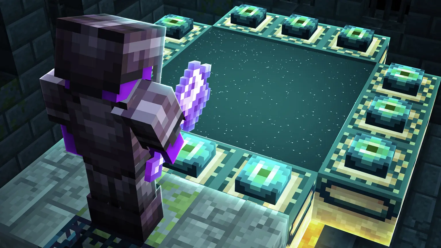Netherite-armored Minecraft character approaching a glowing End portal