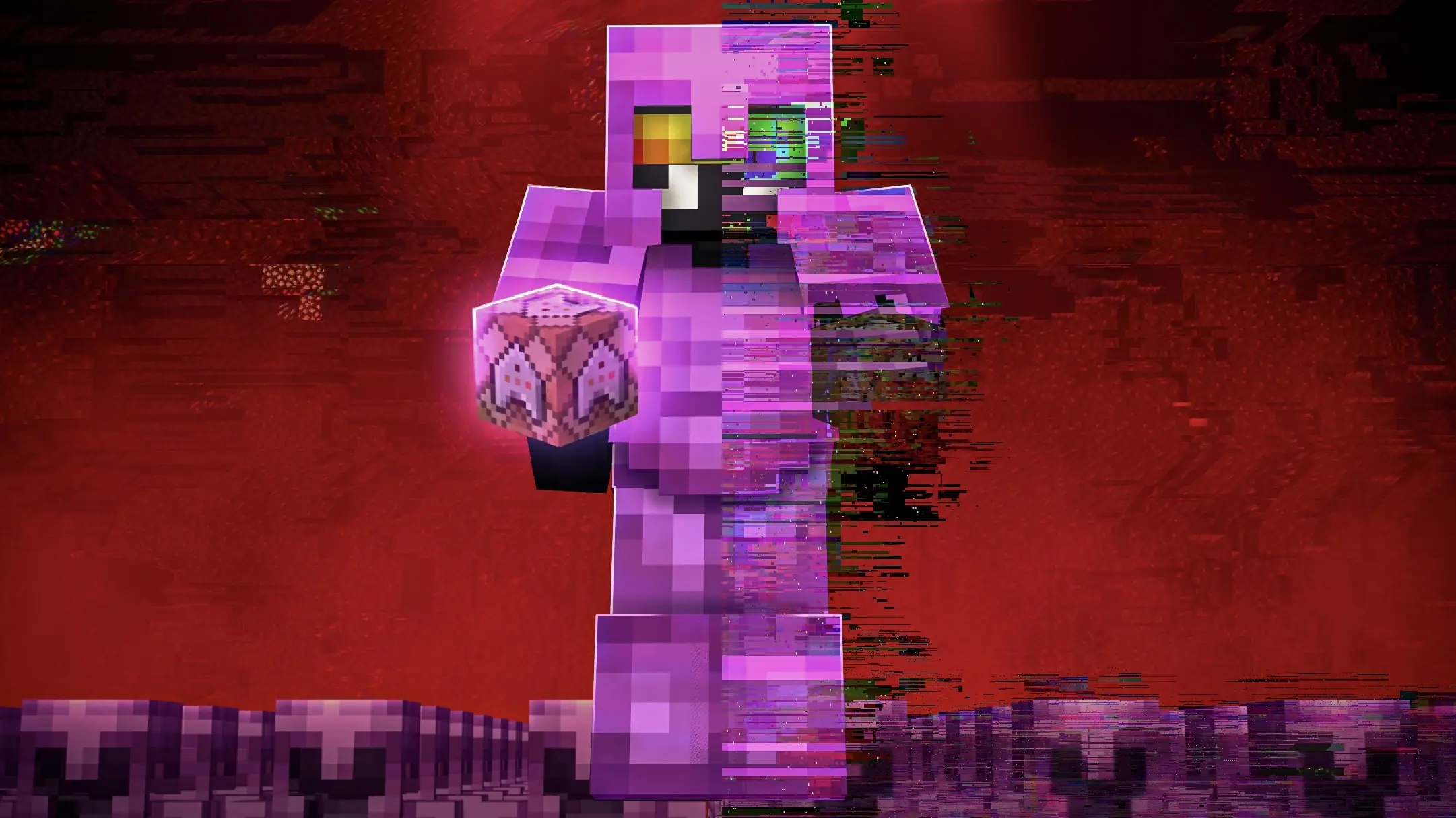 Purple-armored Minecraft character with a glitch effect in the Nether