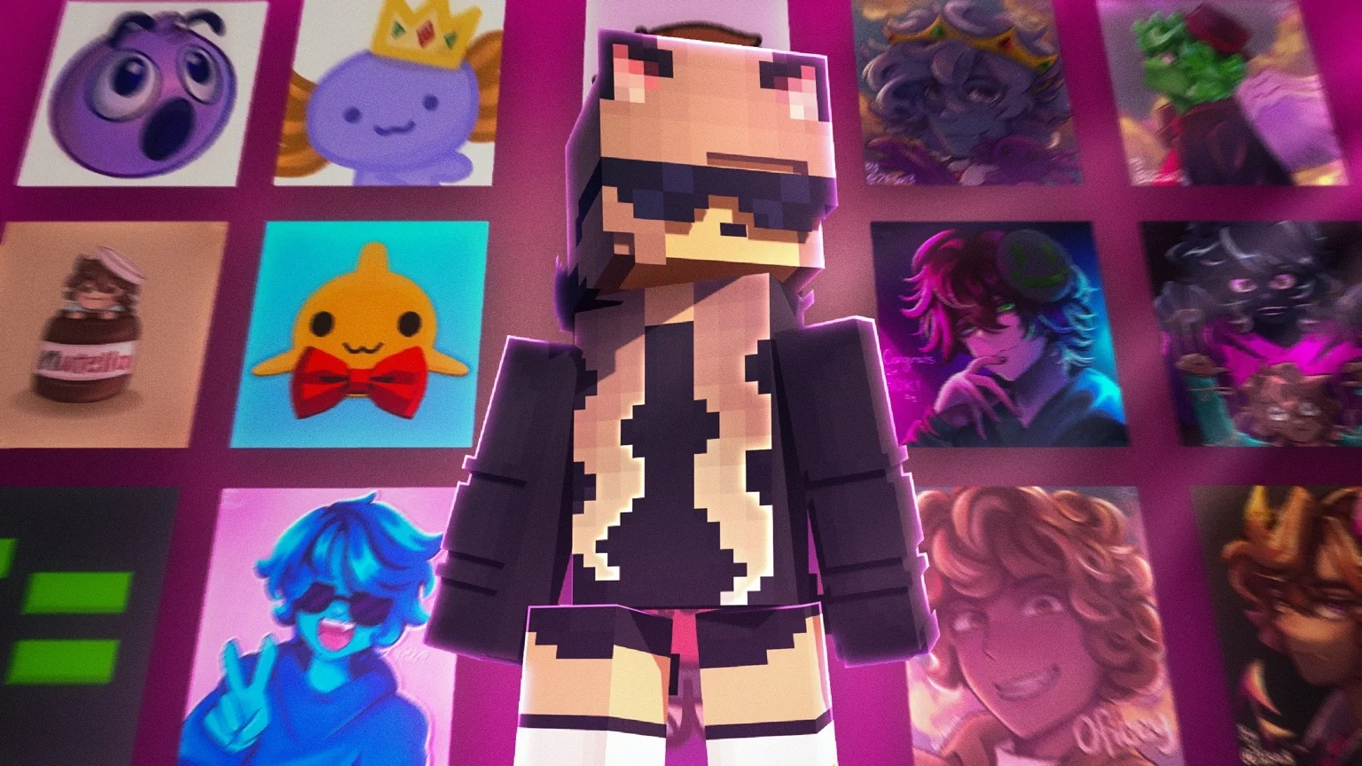 Minecraft character looking at a wall of colorful profile-picture artwork