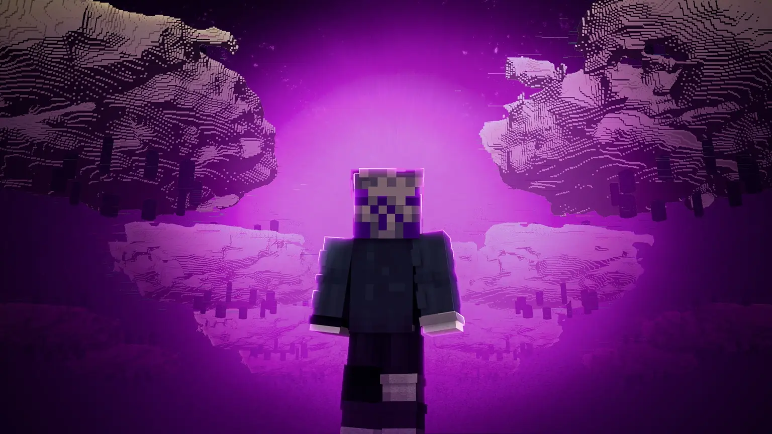 Minecraft character surrounded by glowing purple End landscapes