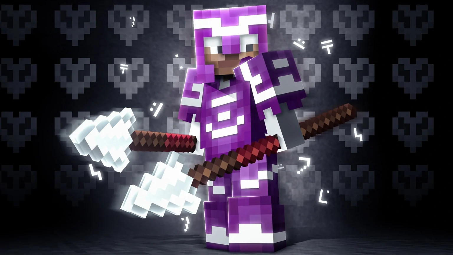 Armored Minecraft character surrounded by purple maces and heart motifs