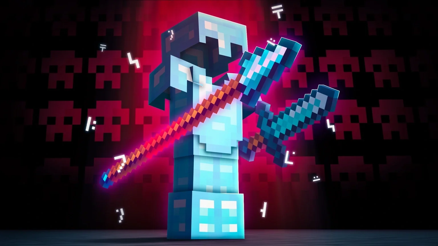 Diamond-armored Minecraft character with weapons against a red and black background