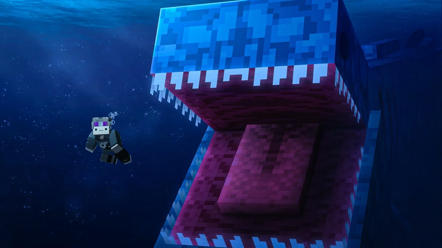 Underwater Minecraft character facing a giant blue sea creature